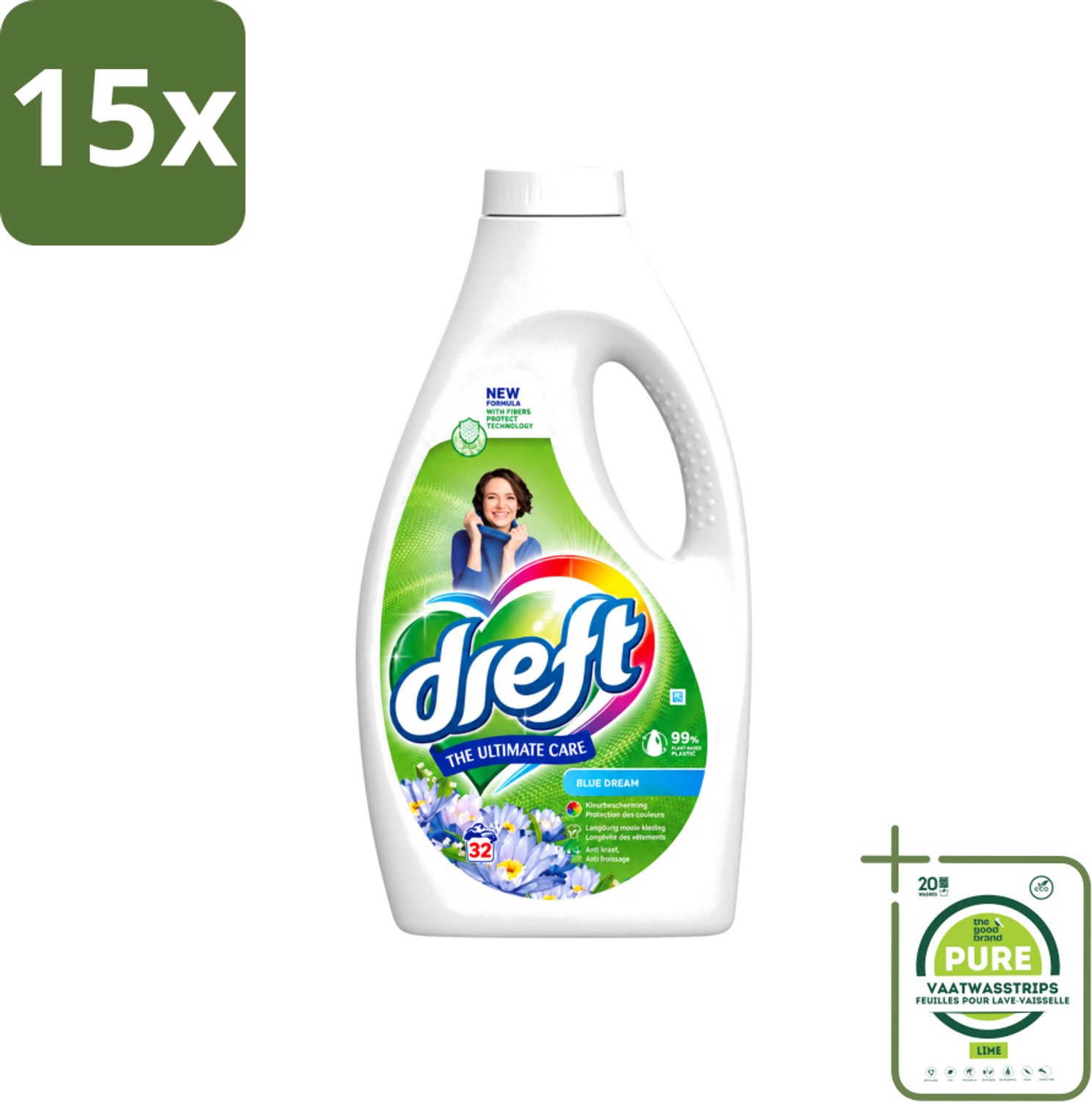 15 x Dreft - Vloeibaar Wasmiddel - Gekleurde Was - Blauwe Droom - 32 Wasbeurten - Grootverpakking - Vaatwasstrips - Vloeibaar Wasmiddel - Gekleurde Was - Kleurbescherming - Frisse Was - Wasbeurt