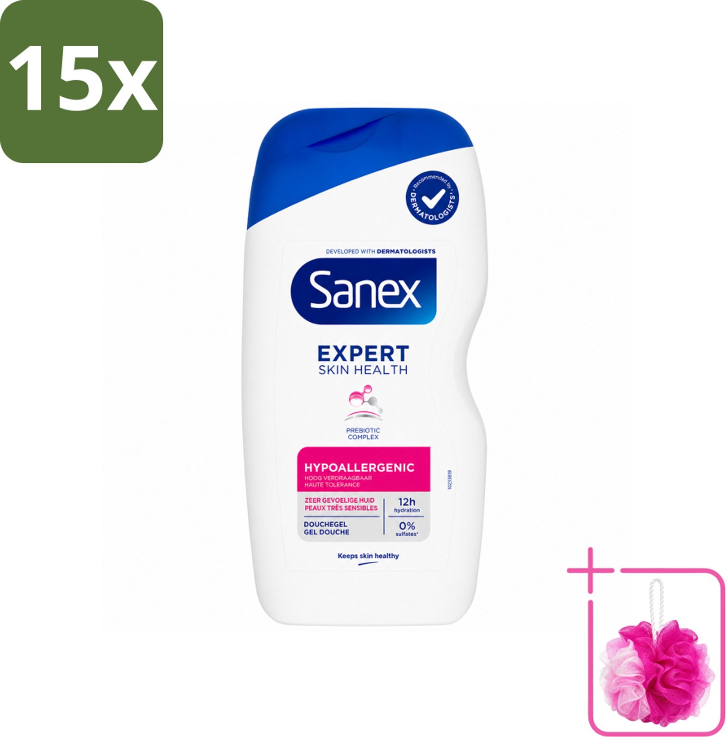 15 x Sanex – Douchegel – Expert Skin Health Hypoallergeen – 400 ml - Bulkverpakking - Gevoelige huid - Douchemop - Hypoallergenisch