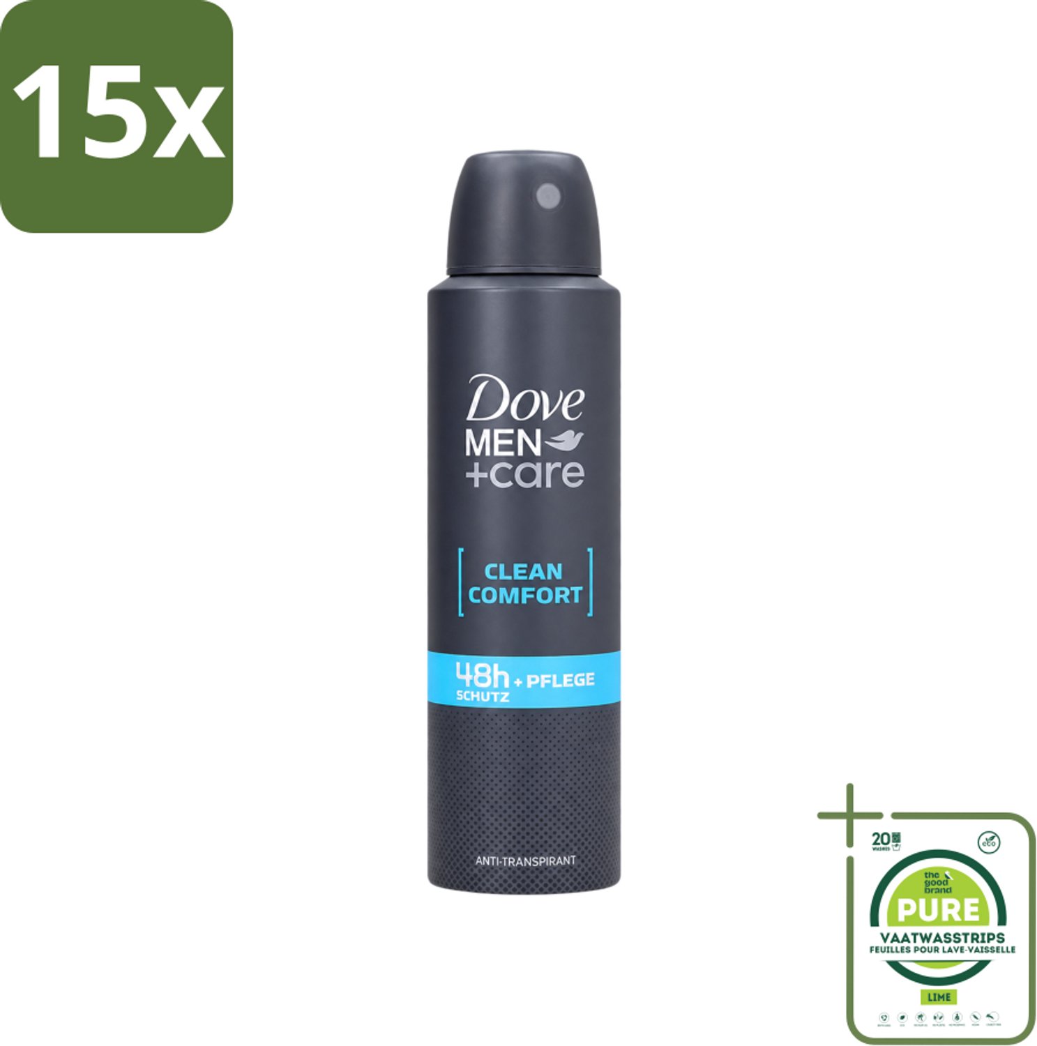 15 x Dove Men+Care - Clean Comfort - Deospray - Anti-Transpirant - 150 ml - Grootverpakking - Vaatwasstrips - Dove Men+Care - Deospray - Frisheid - Transpiratie - Huidbescherming