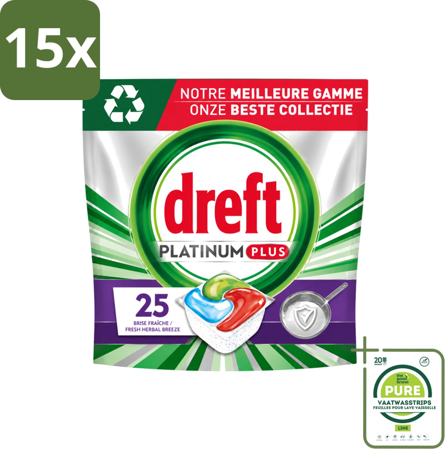 15 x Dreft Platinum Plus - Vaatwascapsules - Deep Clean Boosted - Fresh Herbal Breeze - 25 Afwasbeurten - Grootverpakking - Vaatwasstrips - Vaatwassen - Vaatwasmiddel - Vaatwascapsule - Glanzend Schone Vaat - Voedselresten Verwijderen