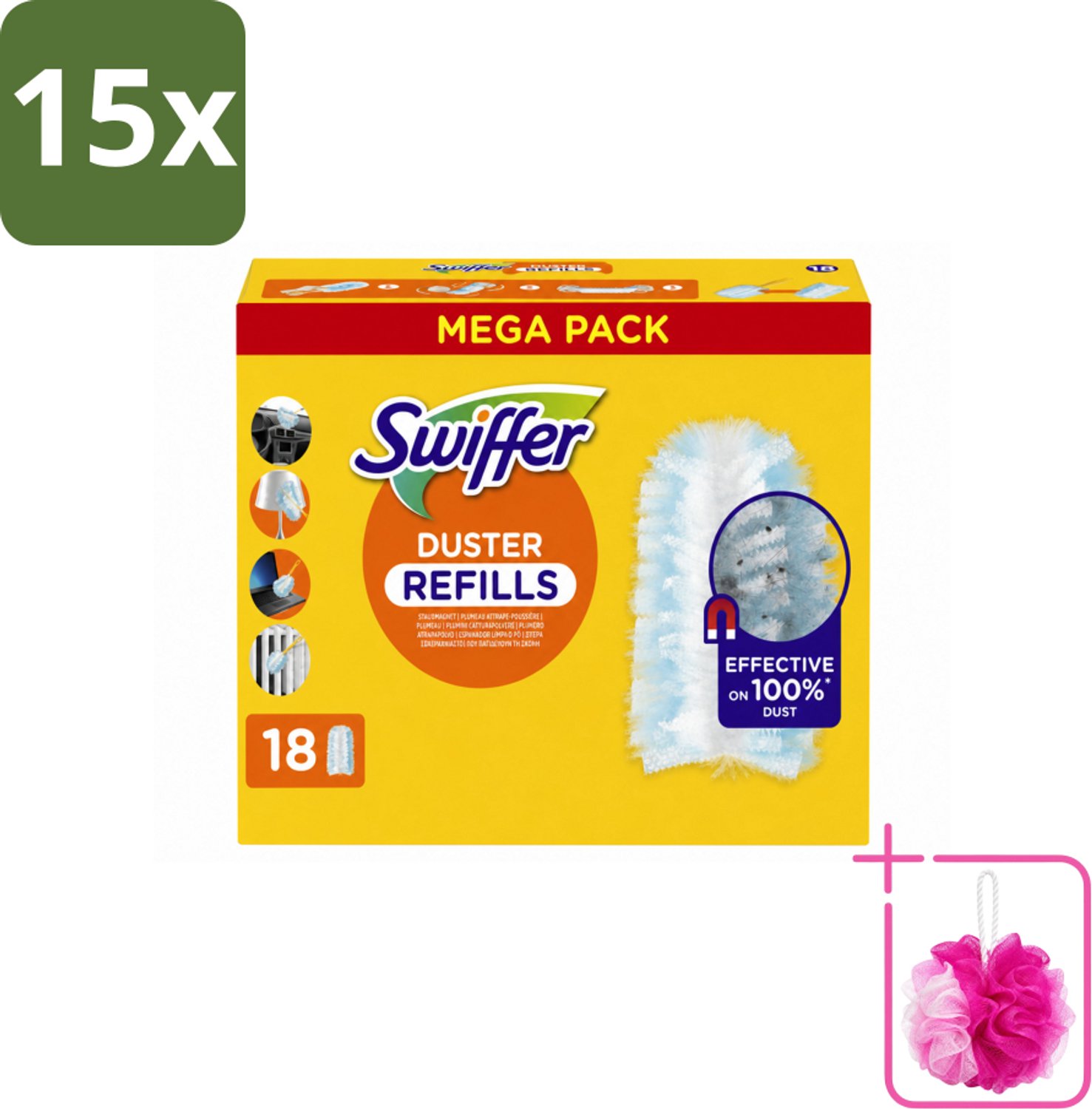 15 x Swiffer - Duster – Voor Stofwisser – 18 navullingen - Bulkverpakking - Stofduster navullingen - Douchemop - Stof opvangen
