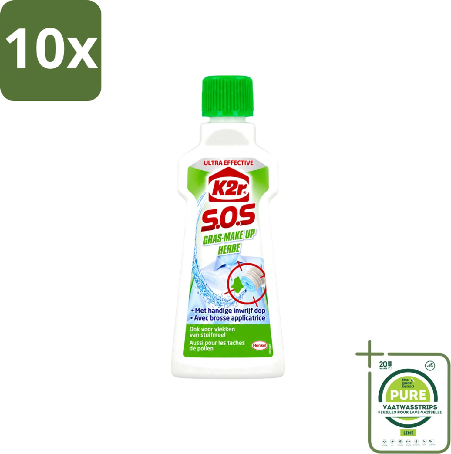 10 x K2R - SOS Vlekverwijderaar - Gras & Make-up - 50ml - Grootverpakking - Vaatwasstrips - Vlekverwijderaar - Grasvlek - Make-upvlek - Textielverwijderaar - Vlekken Verwijderen