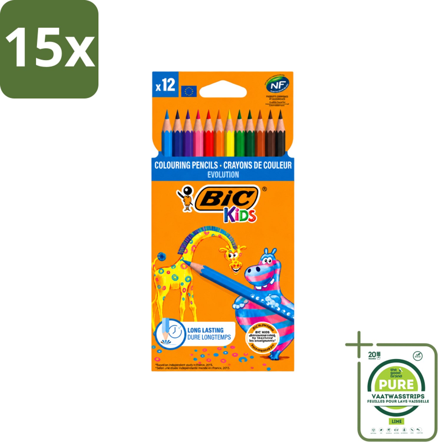 15 x Bic Kids - Kleurpotloden - Diverse Kleuren - Evolution - 12 Potloden - Grootverpakking - Vaatwasstrips - Kleurpotloden Voor Kinderen - Kleurpotloden Evolution - Kleurpotloden Voor Jonge Kunstenaars - Duurzaam Tekenen - Creatieve Potloden