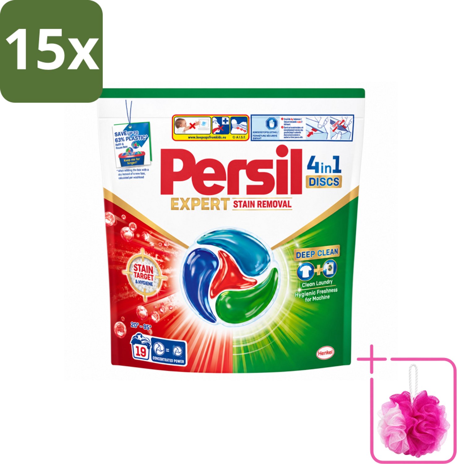 15 x Persil - Wasmiddelcapsules - Discs Stain Removal - 19 Capsules - Bulkverpakking - Vlekverwijdering - Douchemop - Wasmiddel