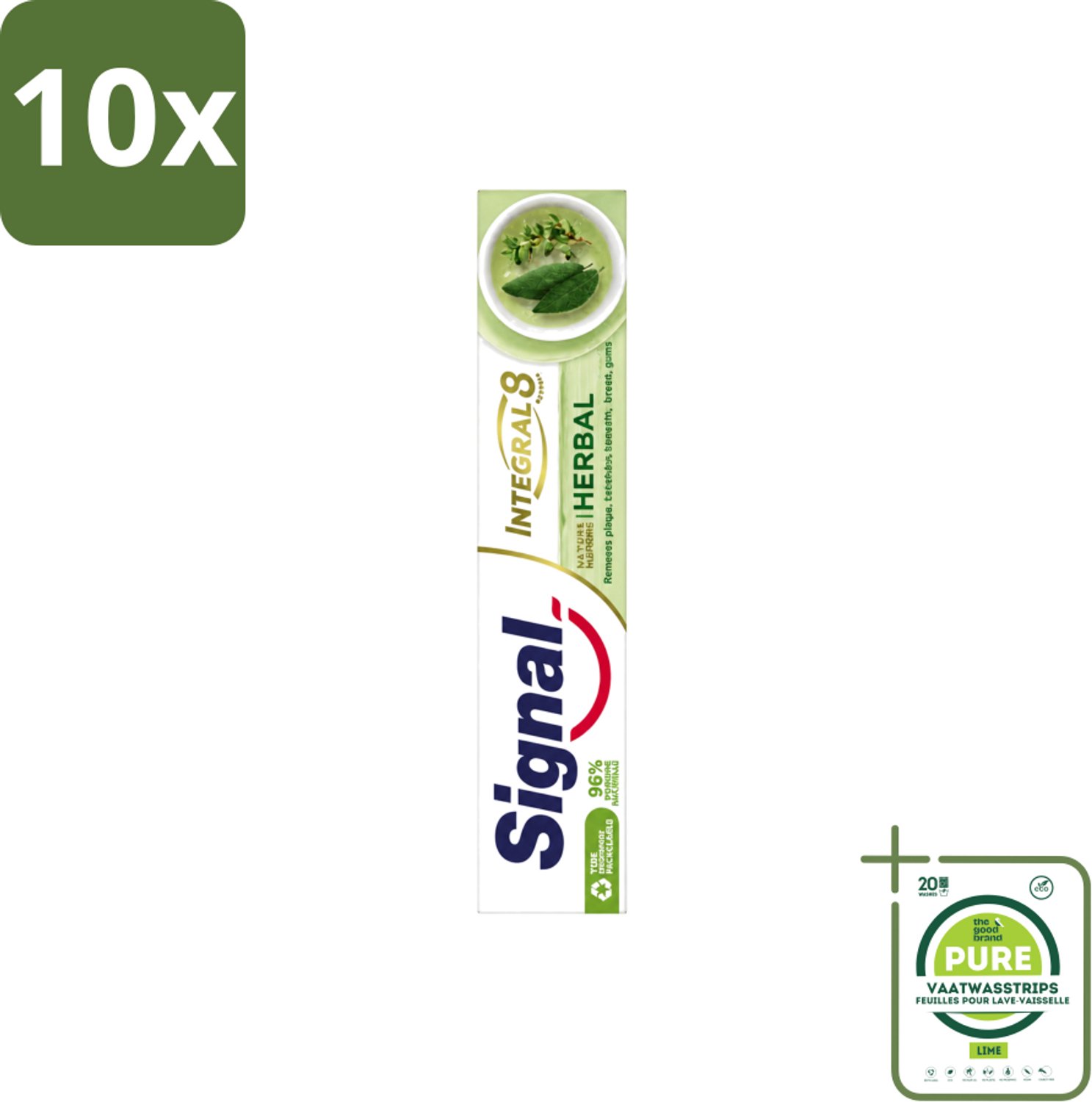 10 x Signal - Integral & Actions - Tandpasta - Natuurlijke Kruiden - Gerecyclede Verpakking - 75 ml - Grootverpakking - Vaatwasstrips - Tandpasta - Natuurlijke Kruiden - Fluoride - Tandbederf - Tandplak