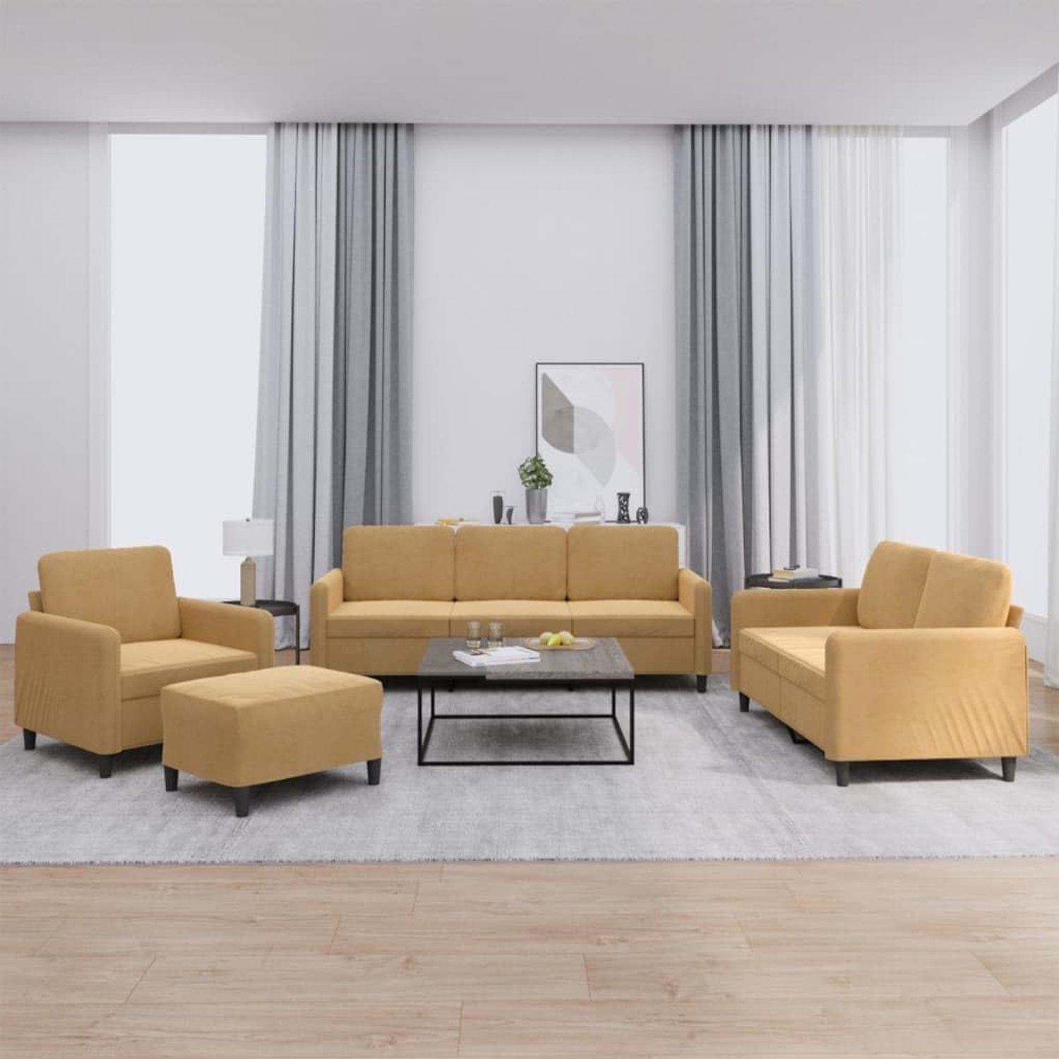 4-delige sofaset, bruin, fluweel, woonlandschap met kruk, zachte velours bekleding voor gezelligheid, robuust frame van metaal en multiplex, veelzijdige zitgroep