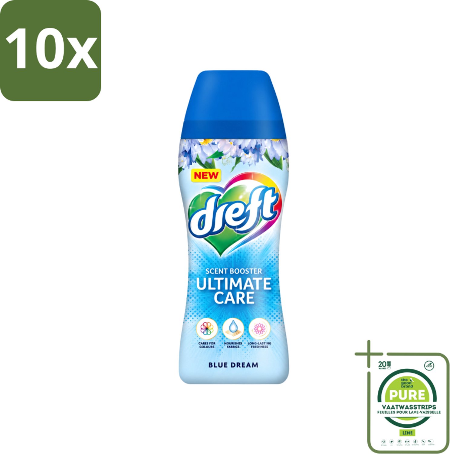 10 x Dreft - Ultimate Care - Wasverzachter - Geurbooster - Gekleurde Was - Blauwe Droom - 15 Wasbeurten - Grootverpakking - Vaatwasstrips - Wasmiddel - Geurbooster - Wasverzachter - Kleurbescherming - Wasgeur