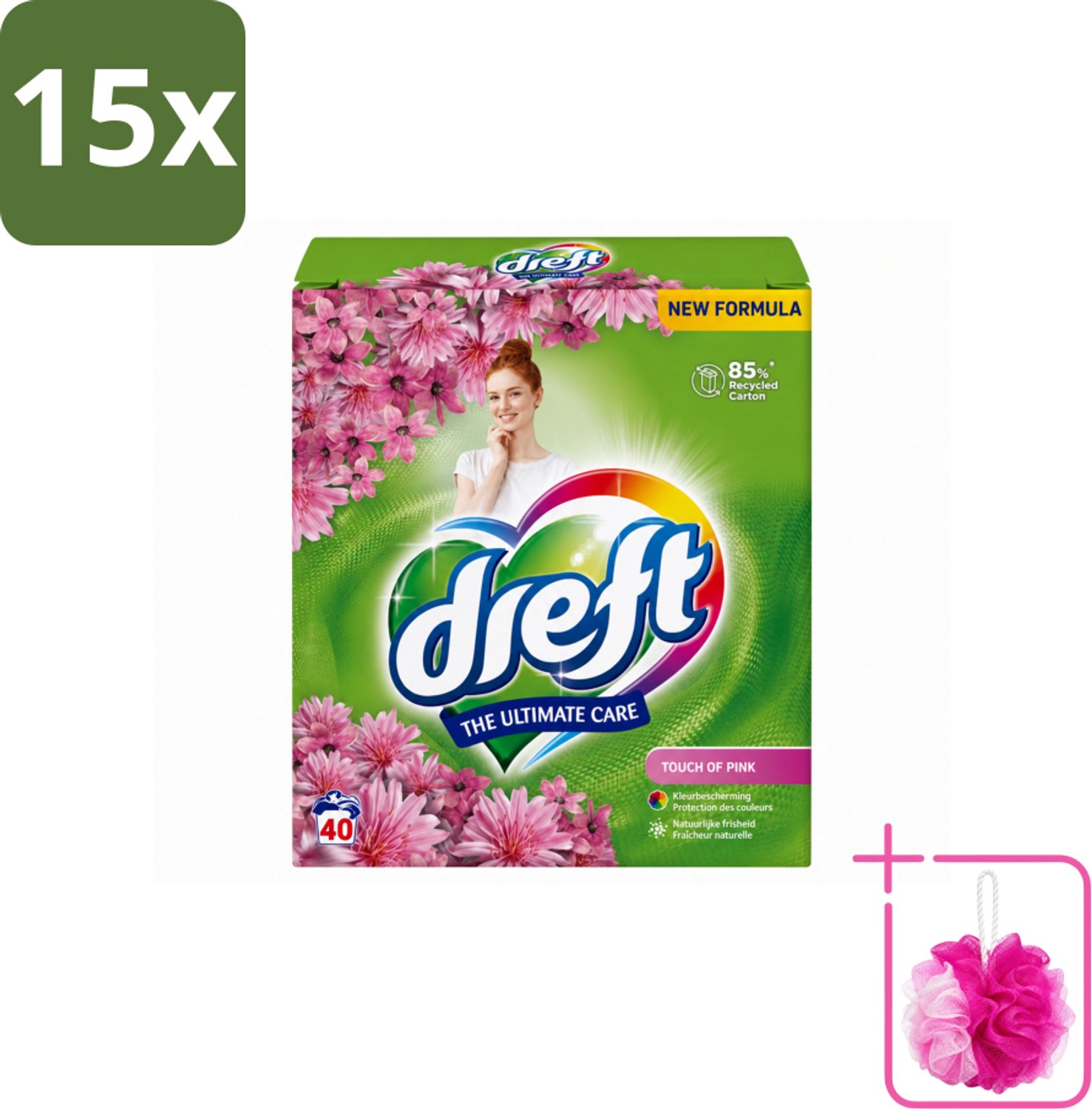 15 x Dreft – Touch Pink – Poeder Wasmiddel – 2,6 kg – 40 wasbeurten - Bulkverpakking - Wasmiddel poeder - Douchemop - Wasmiddel voor kleding