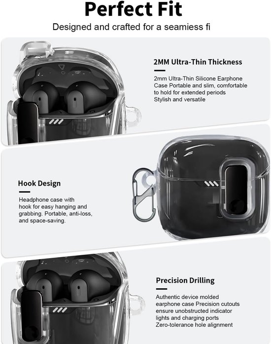 Hoes voor JBL Tune Flex 2 oordopjes, zachte TPU transparante cover, waterdicht, schokbestendig, krasbescherming, eenvoudig te dragen, met koord, sleutelhanger en reinigingskit (transparant) — afbeelding 2