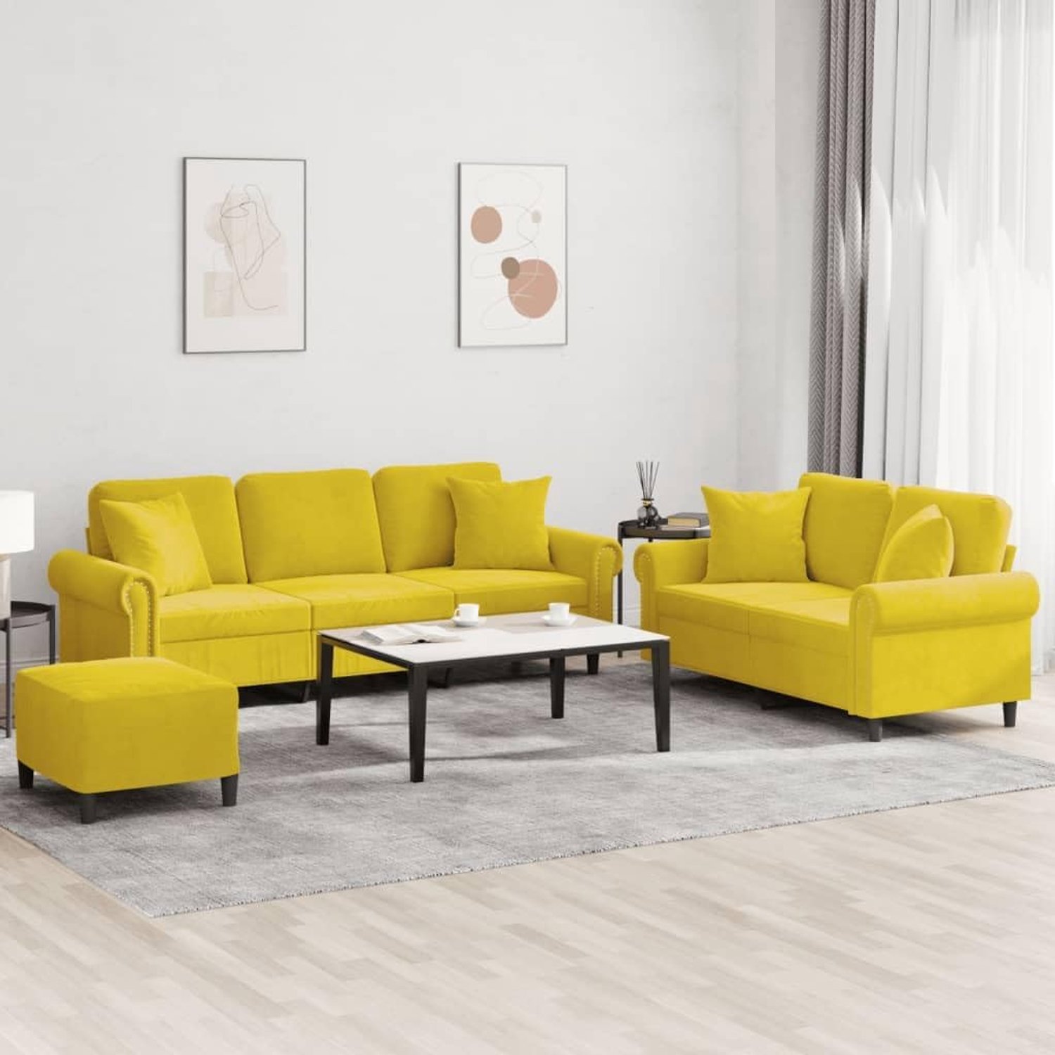 3-delig. Sofa set met kussen geel fluweel, zacht velours sofa set met robuust metalen frame, comfortabele bekleding en praktische kruk, veelzijdige woonkamer set