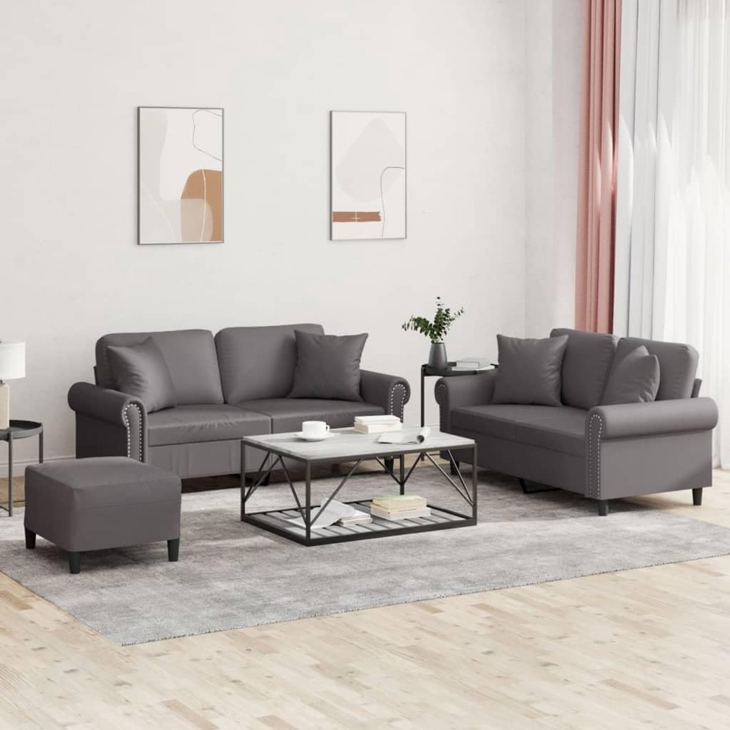 3-delig. Bankset met kussen grijs kunstleer, duurzaam gestoffeerd meubilair voor de woonkamer, comfortabele zitset met kruk, robuust metalen frame en vuilafstotend
