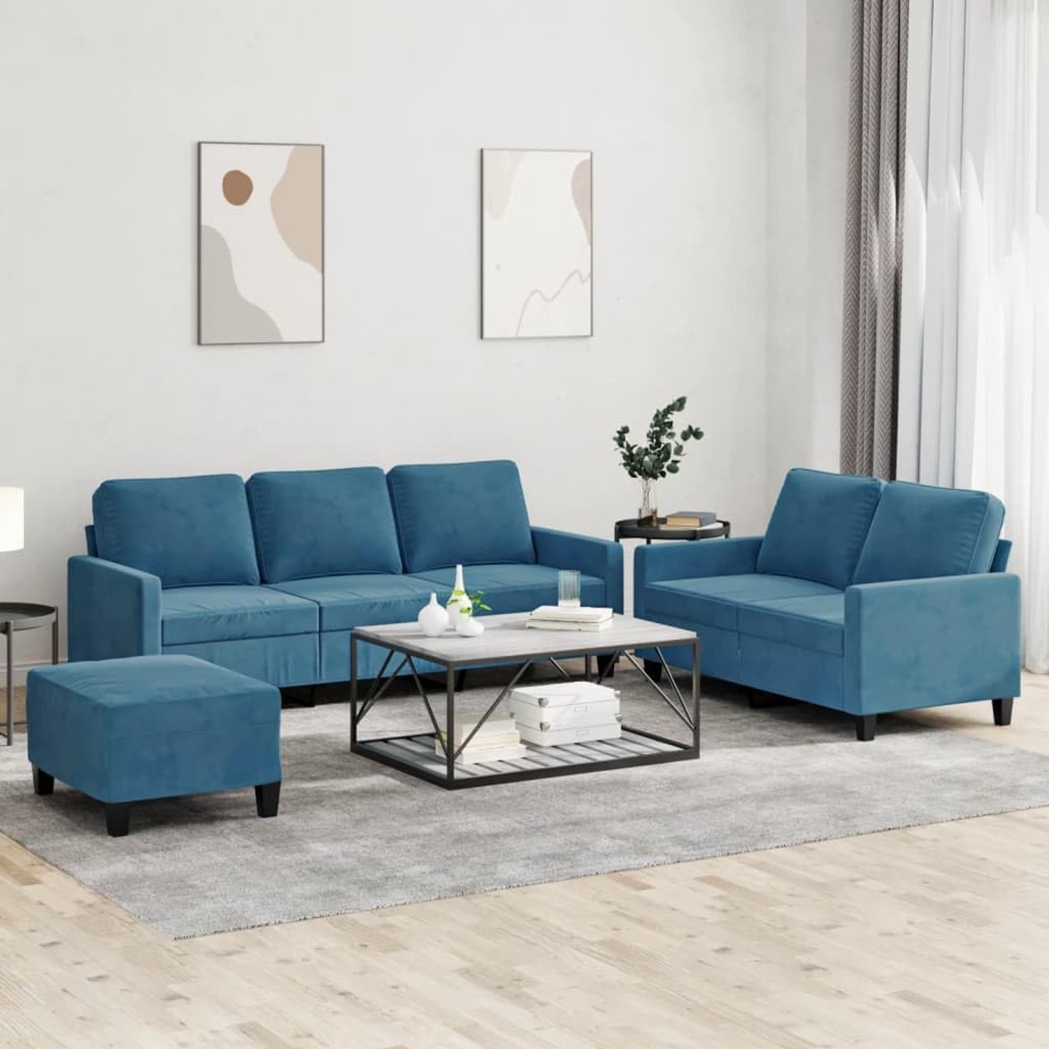 3-delig. Bankset met kussen blauw fluweel, zacht velours sofa set met kruk, robuust metalen frame en dikke bekleding voor woonkamer, zitgroep