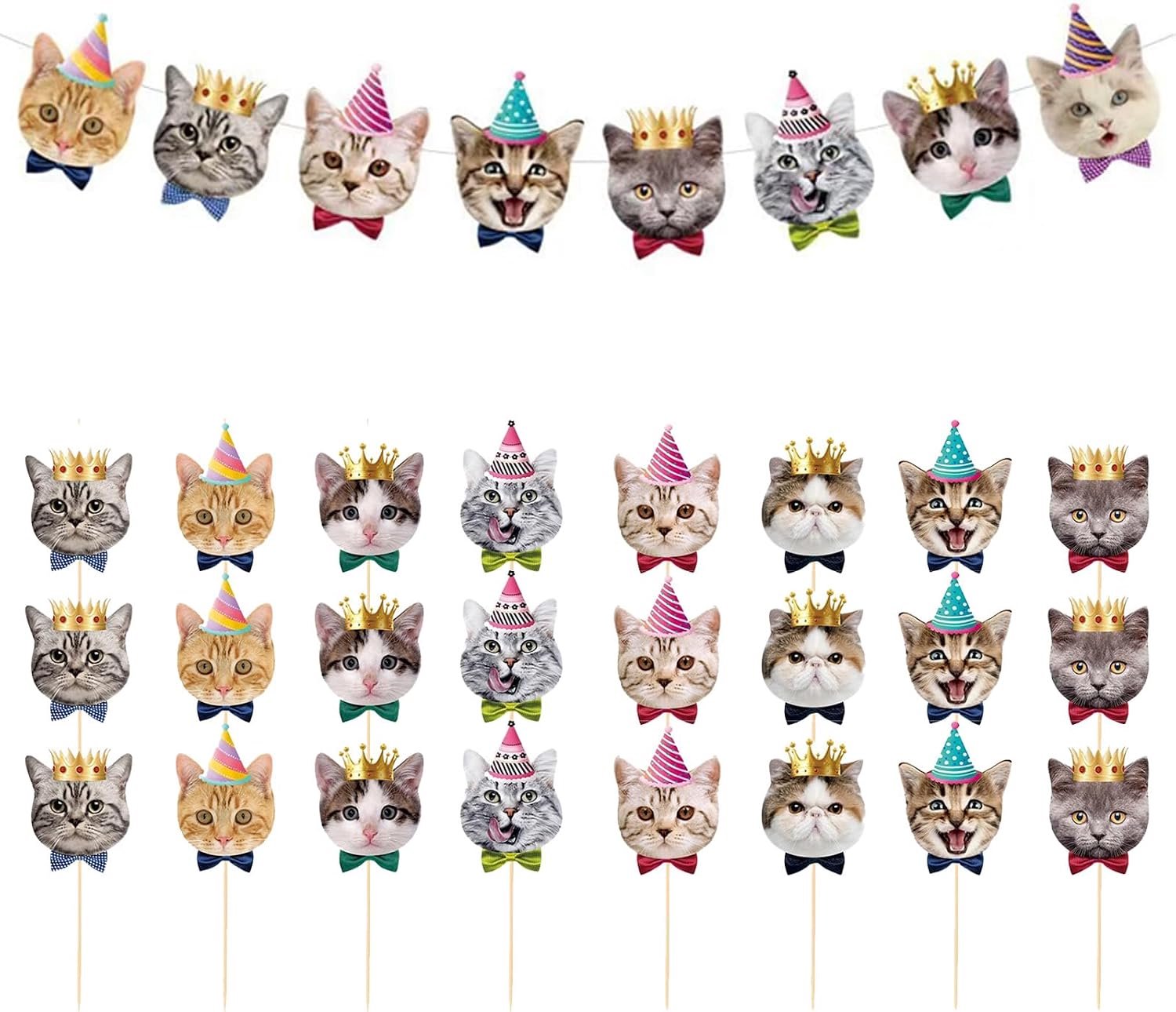 Feestdecoratie met kattenthema, 24 stuks, grappige cupcake-toppers met banner, schattige kattentaartdecoratie, verjaardag, voor kattenliefhebbers, taarttoppers, taartdecoraties, accessoires