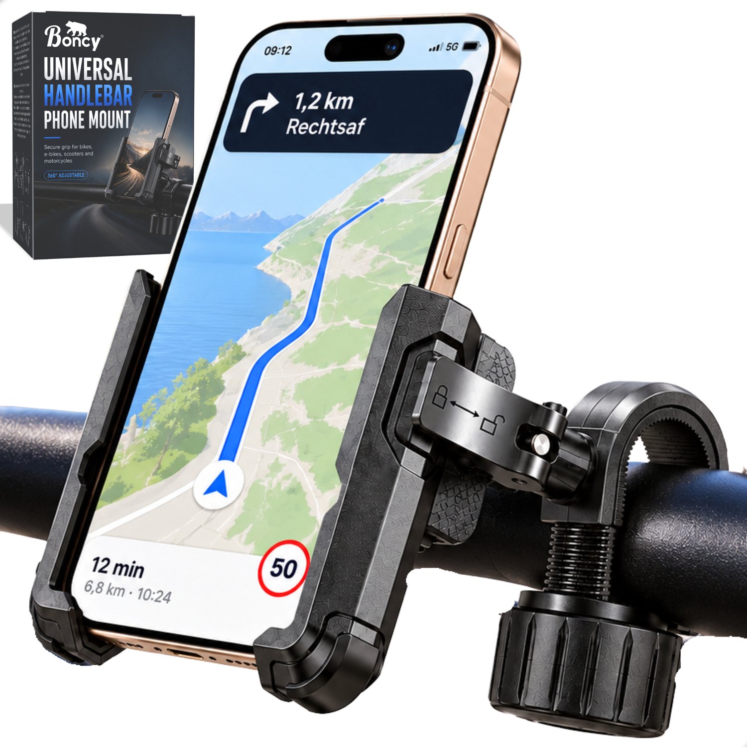 Boncy® Telefoonhouder Fiets - GSM Houder Klem - Smartphone Fietshouder Universeel voor Stuur - Phone Bike Holder - Stevige Telefoon Fietshouders - Stuurhouder - 360 Graden Draaibaar - Voor Scooter, Fatbike, Motor - Accessoires