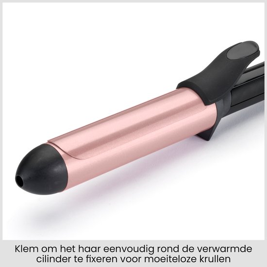 Detailopname van de krultang met klem om het haar eenvoudig rond de verwarmde cilinder te fixeren.