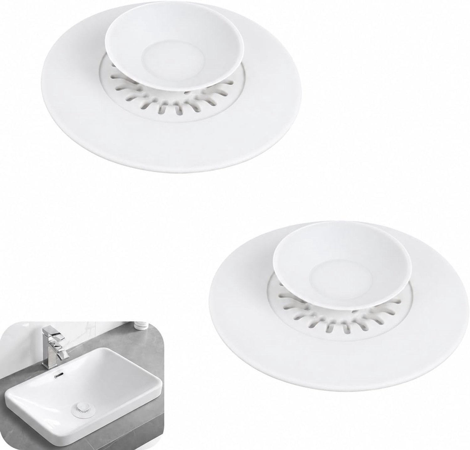 2 stuks universele afvoerstoppen Ø 10,9 cm, antislip siliconen badkuipstop met voedselfilter en haar, afvoerstop voor wastafels, wastafel en badkuip, wit
