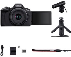 Canon EOS R50 Zwart Content Creator kit + RF-S 18-45mm IS STM - Systeemcamera - 24.2 MP - 4K Video - Kantelbaar touchscreen - Statief met afstandbediening - Microfoon - Geheugenkaart - Inclusief standaard zoomlens