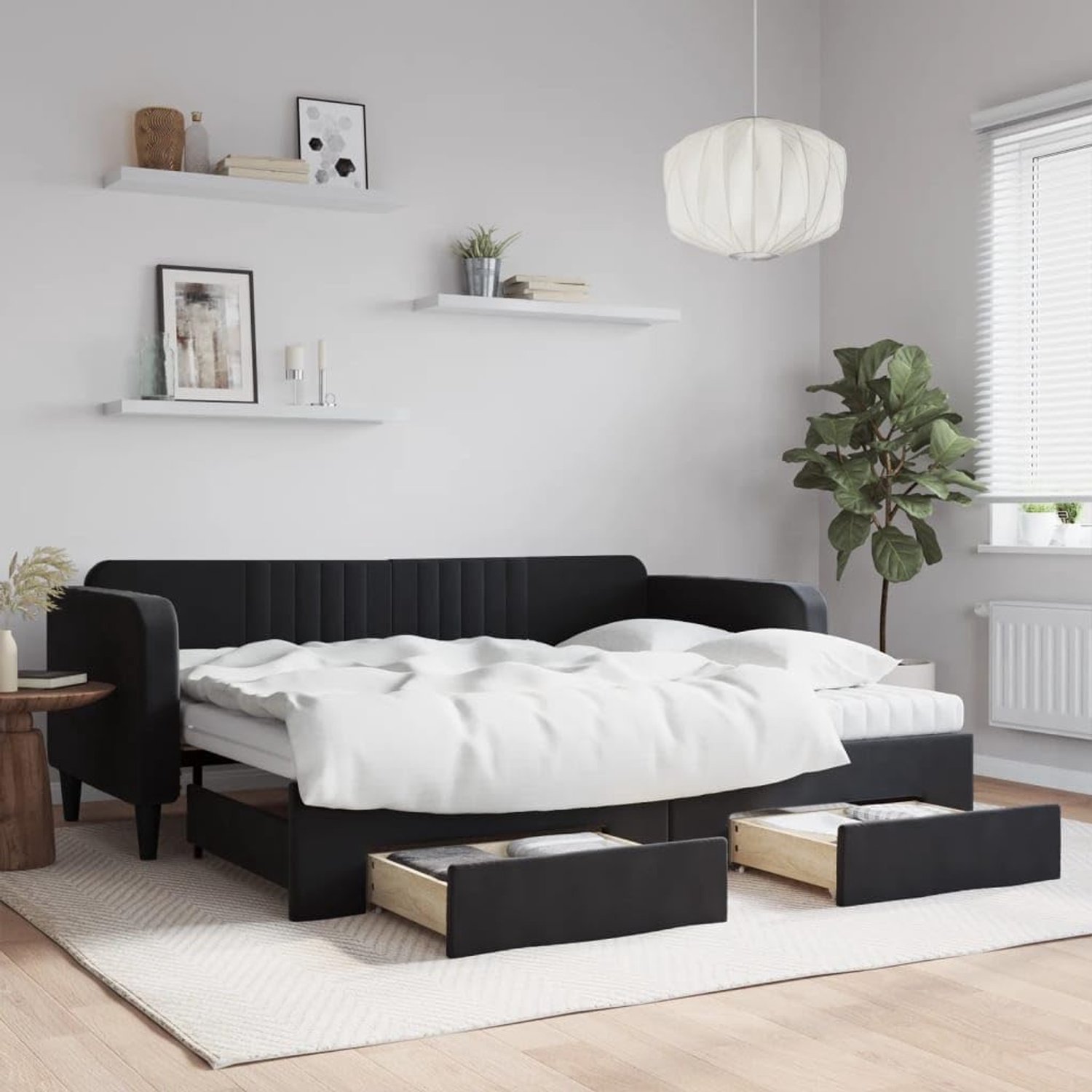 2 in 1 fluwelen slaapbank met onderschuifbed en opberglades logeerbed