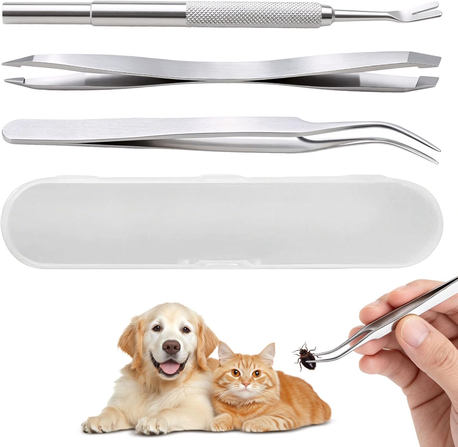 Tekentang voor honden, 3-delige tekentangset met opbergtas, roestvrij staal, veilig en praktisch, tekenpincet voor mens, honden, katten