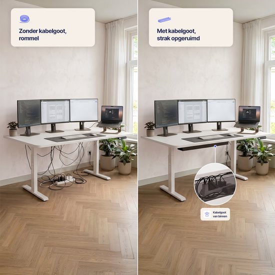 Vergelijking van een bureau zonder en met kabelgoot voor een strakke, opgeruimde kabelorganisatie.