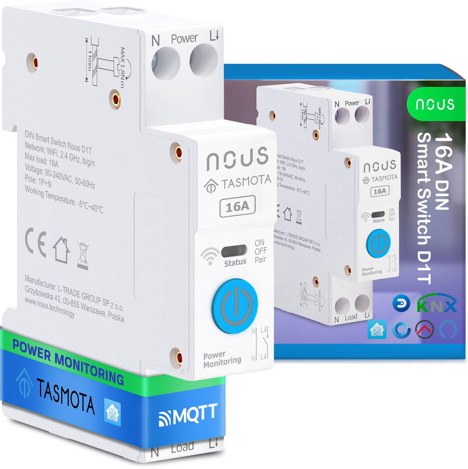 Slimme DIN-railschakelaar D2T, 20A, energiemeting, WiFi Tasmota, ESP32, MQTT, Matter