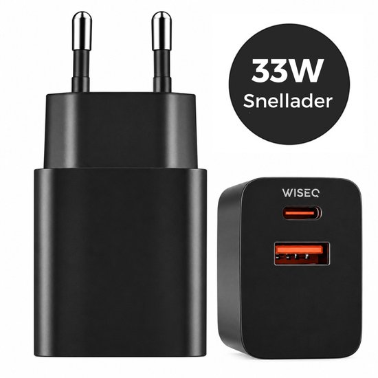 Chargeur rapide noir WISEQ 33W avec ports USB-C et USB-A et prise européenne.