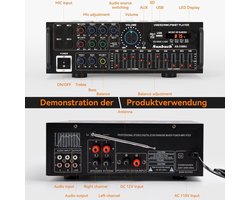 Hifi Versterker Stereo - 2000 W Bluetooth 5.0 - AUX USB SD FM Radio - 5-Bands EQ Mixer - Zwart - Voor Karaoke En Thuisgebruik