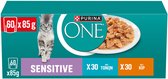 Purina One Sensitive kattenvoer in turquoise doos met 60x85g zakjes, inclusief tonijn en kip smaken.