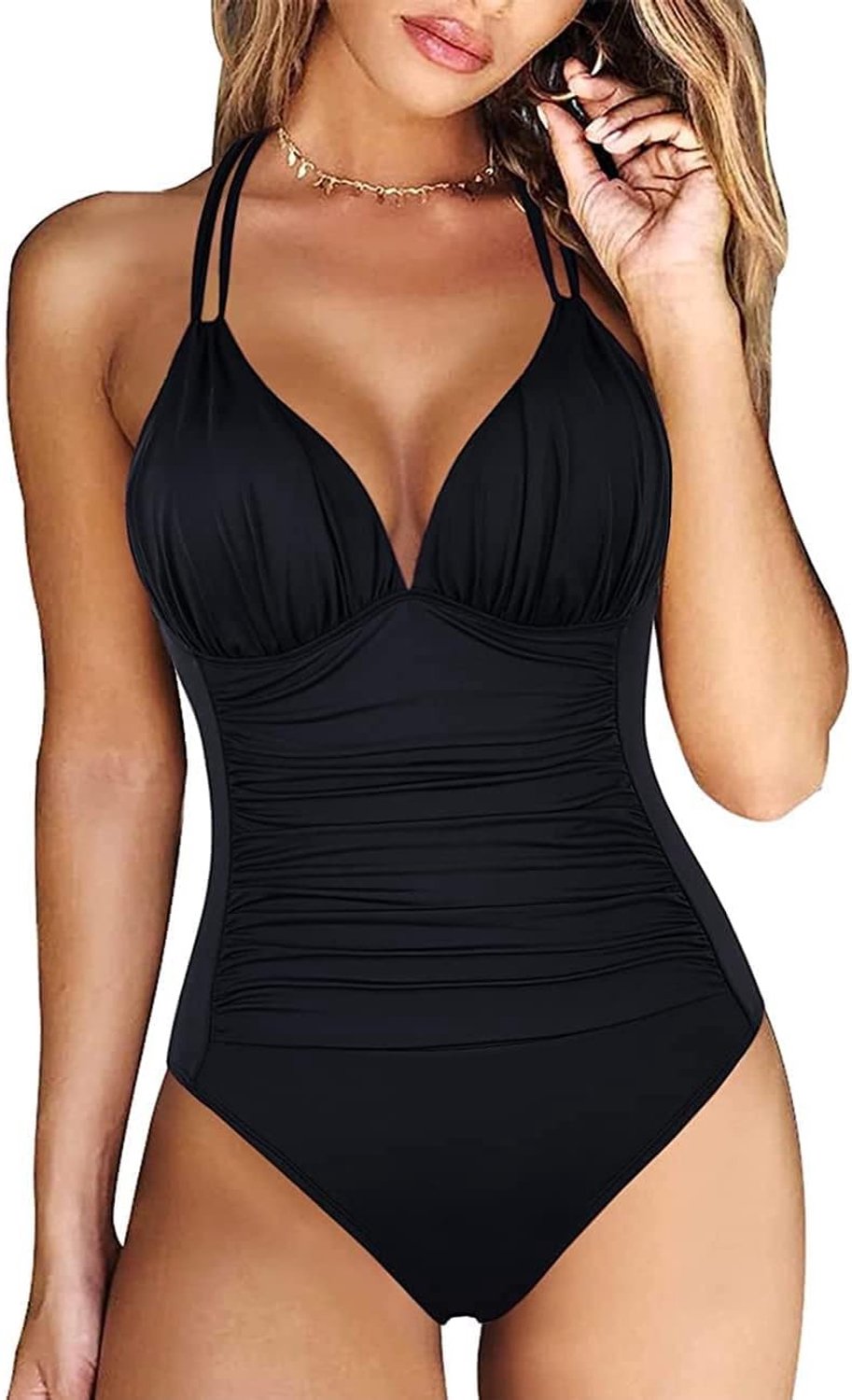 Ruches Zwemmen Kostuums Halter V-hals Buikcontrole Badmode Een Stuk Hoge Taille Gewatteerde Badpak Backless Push Up Badpak Volledig Bedekt
