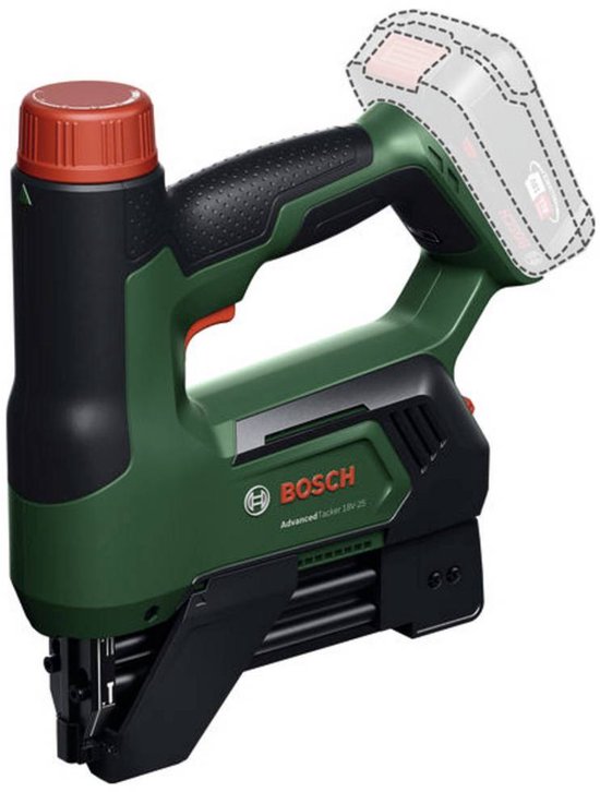 Groene Bosch AdvancedTacker 18V-25 tacker met rode knop en zwarte basis.