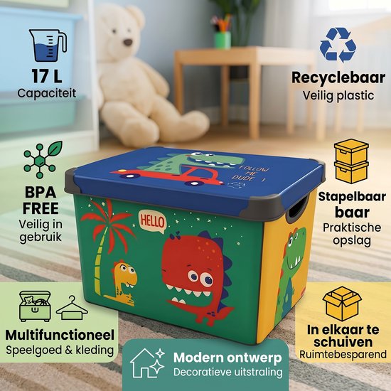 INDECOR Stapelbare Speelgoedbox met Handgrepen – 17 L Opbergbox Set van 3 met Deksel – Voor Lego, Bouwblokjes en Bouwstenen - Dinosaurusmotief — afbeelding 2