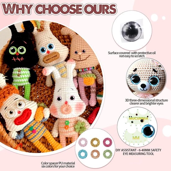 Ogen voor Amigurumi met sluitringen 12-30 mm trapeziumvormige veiligheidsogen voor gehaakte dieren poppenogen voor haken knuffeldieren ogen voor doe-het-zelf — afbeelding 5