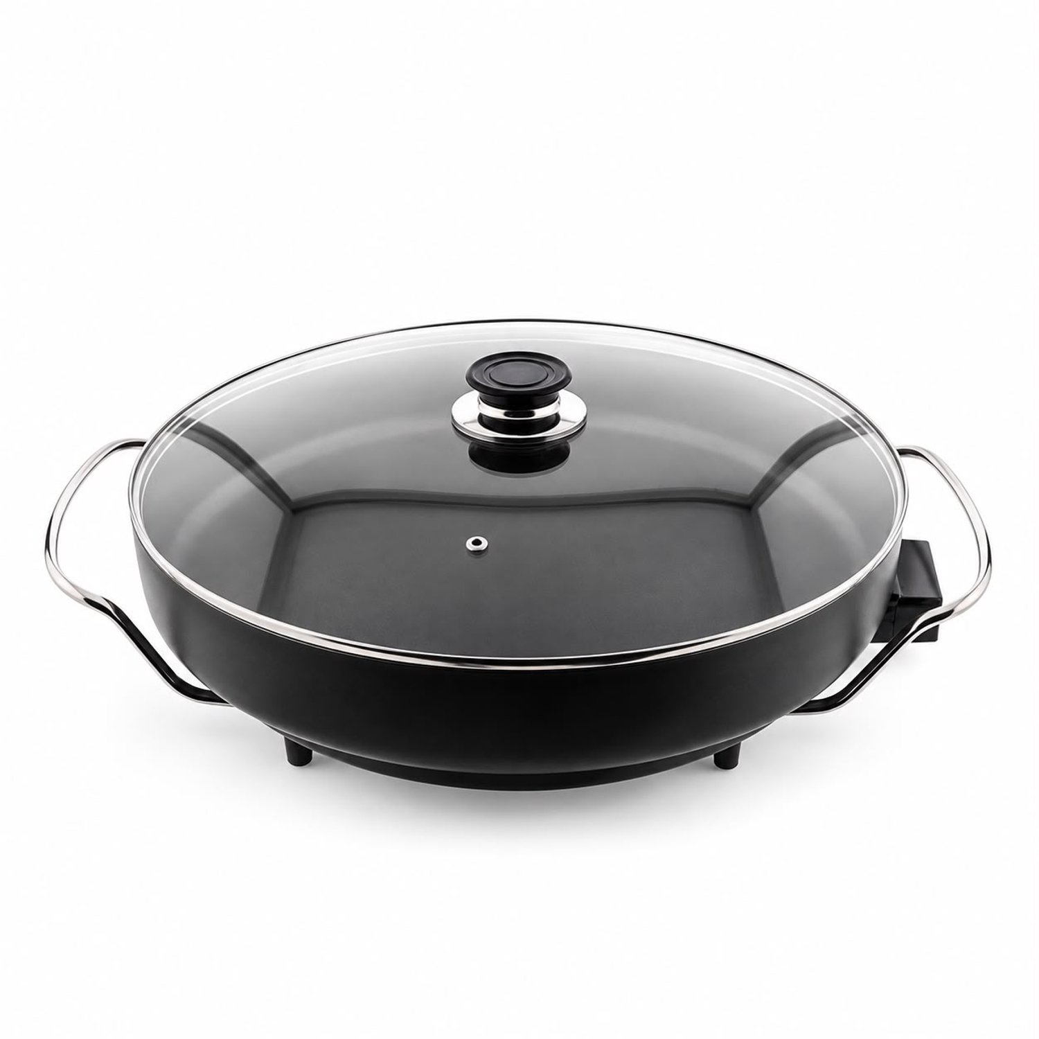 Kochmann Elektrische Pizzapan 42 cm – Granieten Pan met Glazen Deksel – Elektrische Hapjespan & Partypan – Voor Pizza, Grillen, Braden, Koken & Warmhouden – Anti-aanbaklaag – Grote Ronde Grillpan met Thermostaat – Zwart – Voor Vlees, Vis & Pannenkoek