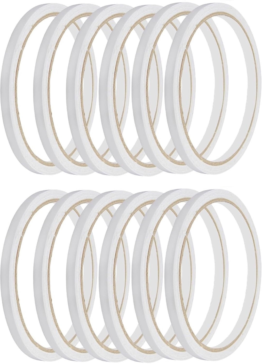 Dubbelzijdige Plakband, Dun, 12 Rollen, Zelfklevende Witte Tape voor Knutselen, Naaiwerk, Scrapbooking, Kaarten Maken en Cadeauverpakking, 6 mm x 10 m, Sterk en Gemakkelijk te Verwijderen, Perfect voor DIY Projecten en Creatieve Klussen