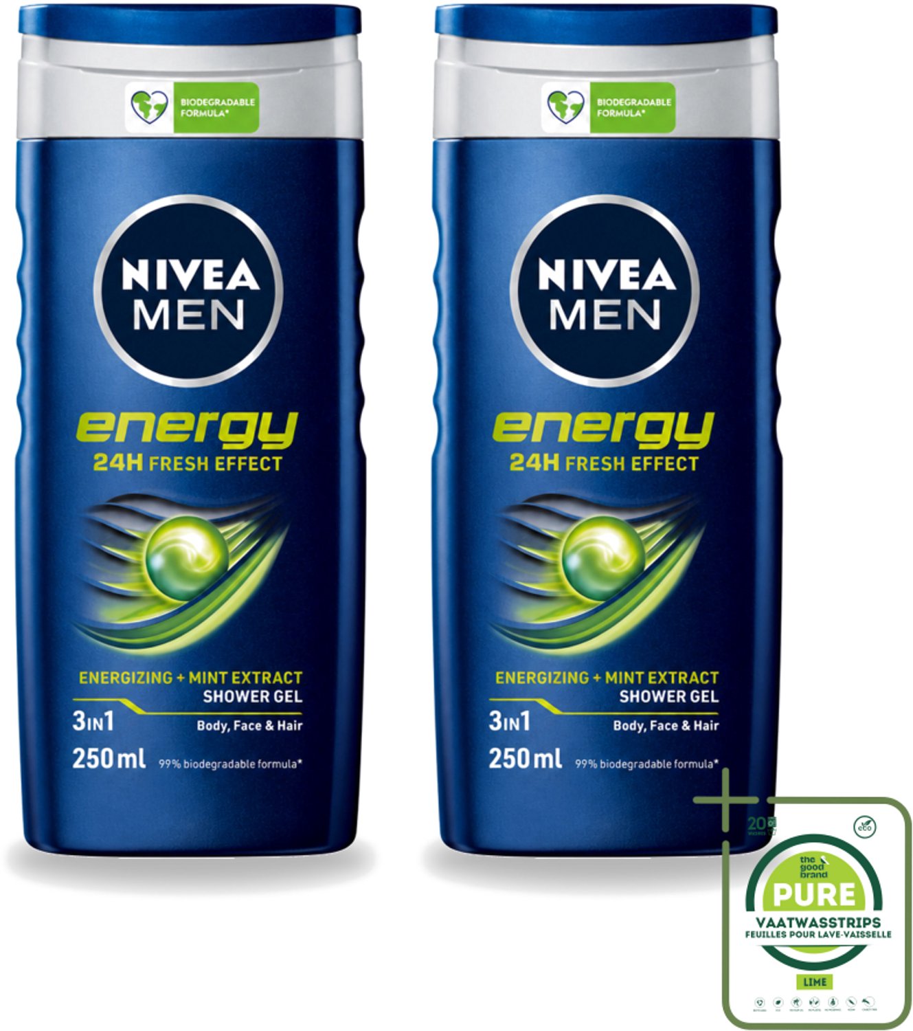 2 x Nivea - Men - Energy Douchegel - Langdurig Fris Gevoel - 250 ml - Grootverpakking - Vaatwasstrips - Douchegel Voor Mannen - Energieboost - Fris Gevoel - Reiniging Lichaam En Haar - Mintextract