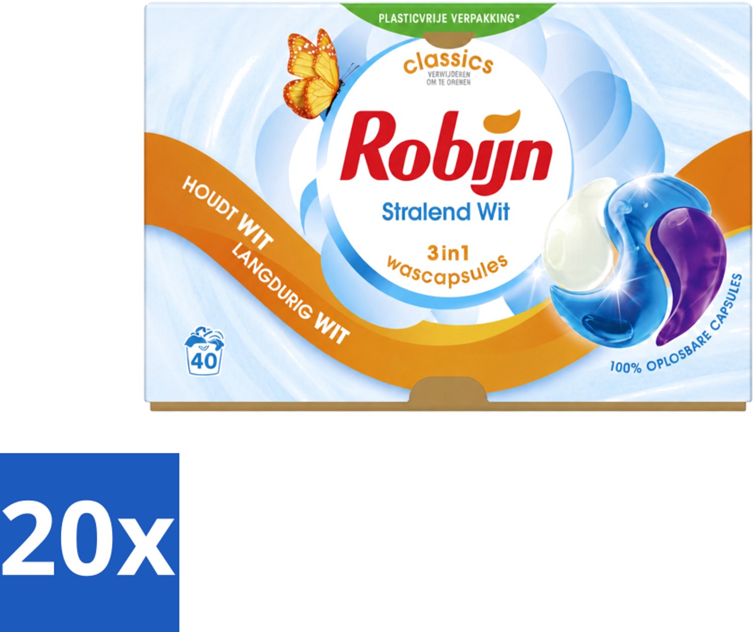20 x Robijn - Stralend Wit - 3-in-1 Wascapsules - Houdt Langdurig Wit - 40 Wascapsules - Voordeelverpakking - 20 stuks