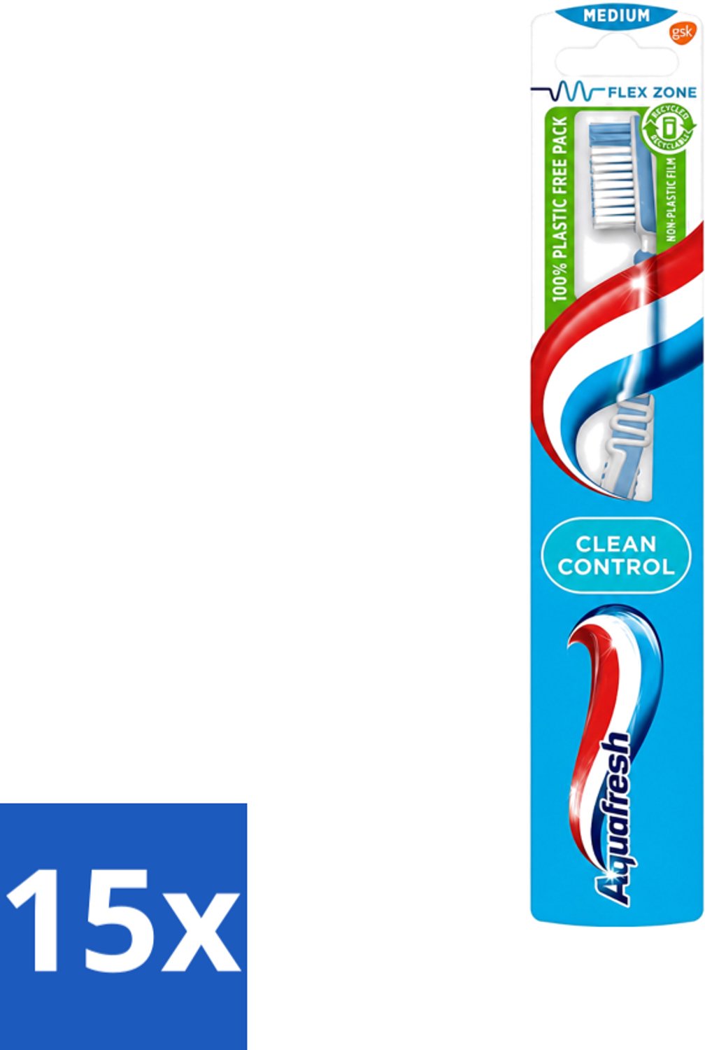 15 x Aquafresh - Tandenborstel - Clean Control - Medium - Grondige Reiniging - 1 Tandenborstel - Voordeelverpakking - 15 stuks