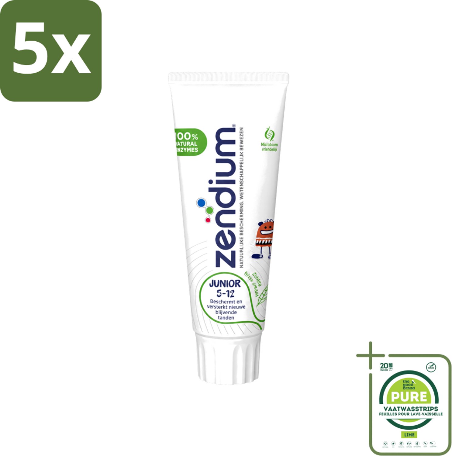 5 x Zendium - Junior 5-12 Jaar - Tandpasta - Natuurlijke Enzymen - 75 ml - Grootverpakking - Vaatwasstrips - Tandpasta Voor Kinderen - Melktanden Beschermen - Natuurlijke Enzymen - Gezonde Mondflora - SLS-vrije Tandpasta