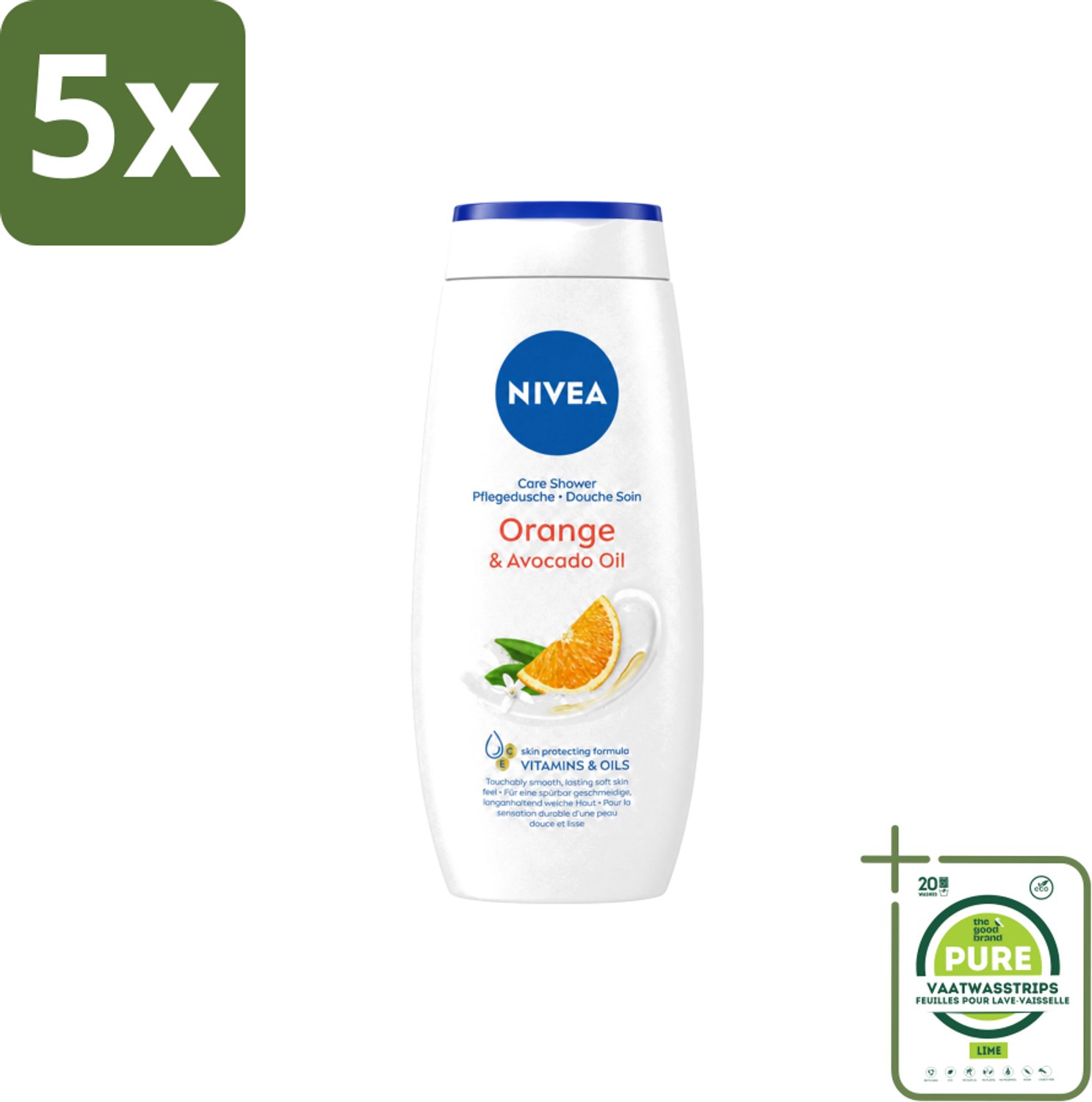 5 x Nivea - Douchegel - Orange - Voelbaar Gladde Huid - 250 ml - Grootverpakking - Vaatwasstrips - Douchegel - Huid Verzorgen - Bamboemelk - Sinaasappelgeur - Voedende Douchegel