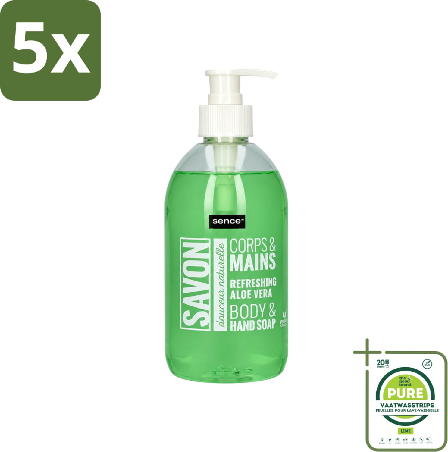 5 x Sence - Refreshing Aloe Vera - Handzeep - Savon - 500 ml - Grootverpakking - Vaatwasstrips - Aloe Vera Handzeep - Handverzorging - Frisse Handen - Hydraterende Handzeep - Mild Handzeep