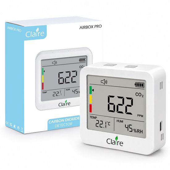 Witte Claire Airbox Pro CO2-meter naast de bijbehorende verpakking met 'Carbon Dioxide Detector' opdruk.