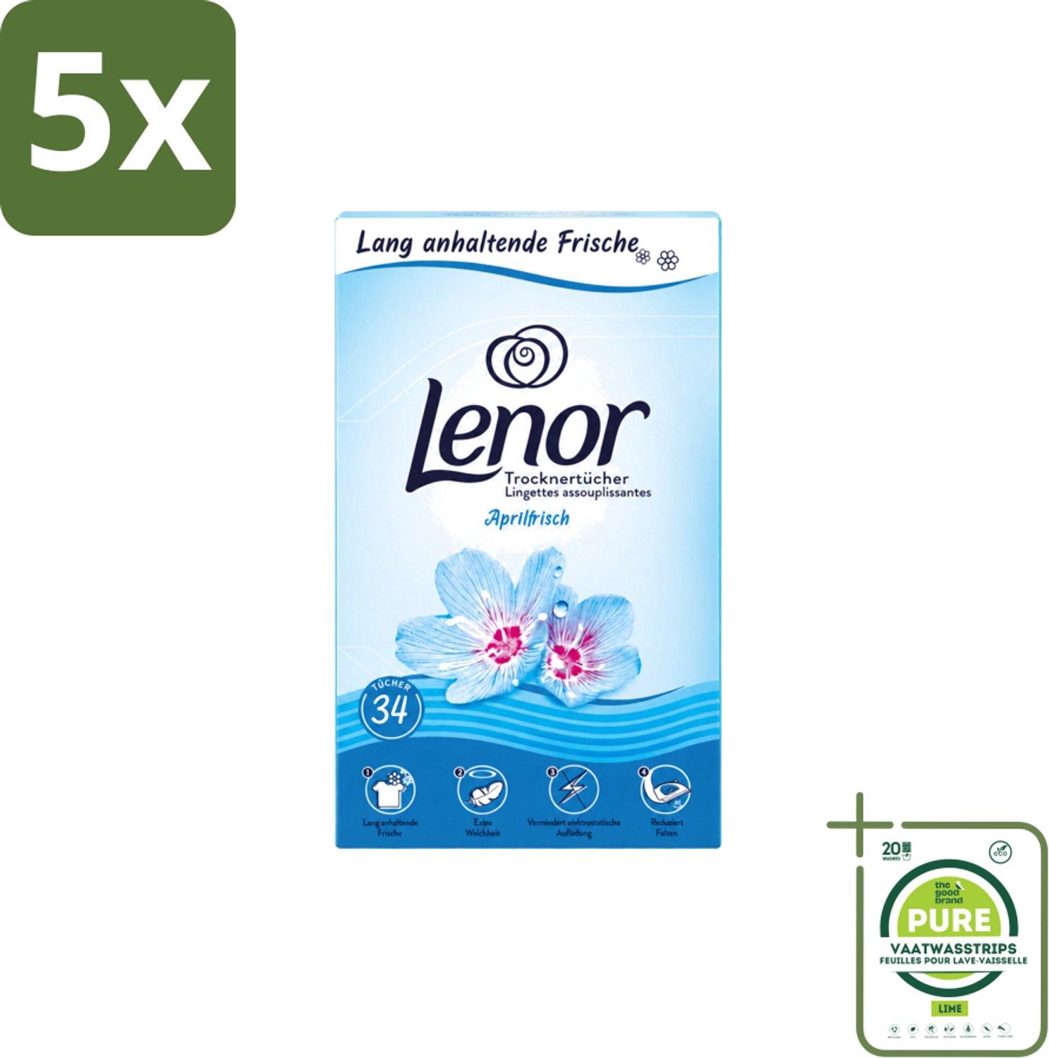5 x Lenor - Droogtrommeldoekjes - Aprilfris - Textielverfrisser - 34 Doekjes - Grootverpakking - Vaatwasstrips - Droogtrommeldoekjes - Frisheid - Wasdoekjes - Statische Elektriciteit - Wasgoed