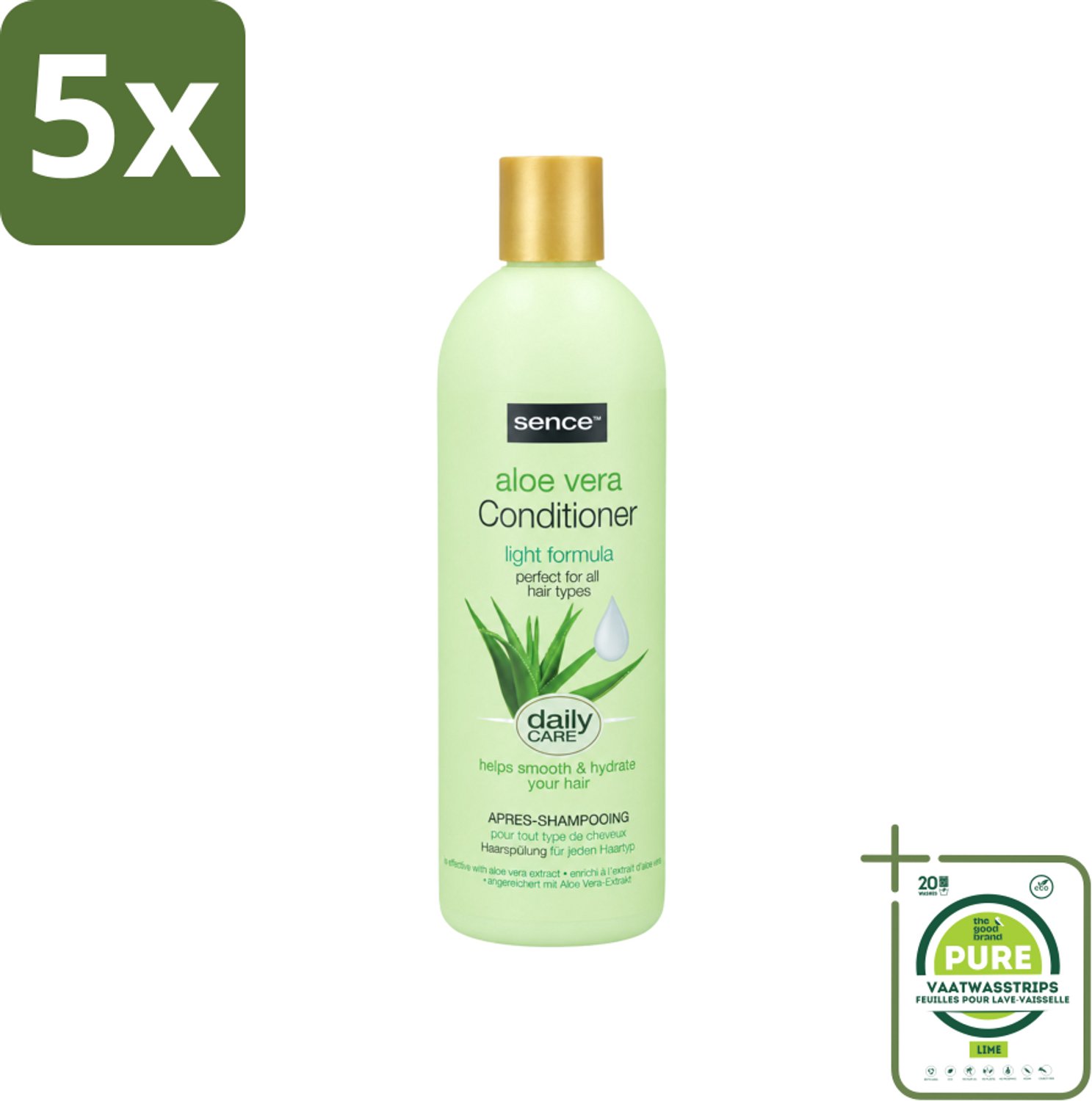 5 x Sence - Aloë Vera - Conditioner - Hydraterend - 400 ml - Grootverpakking - Vaatwasstrips - Aloë Vera Conditioner - Haarhydrateren - Droog Haar Verzorgen - Beschadigd Haar Herstellen - Haar Herstellen