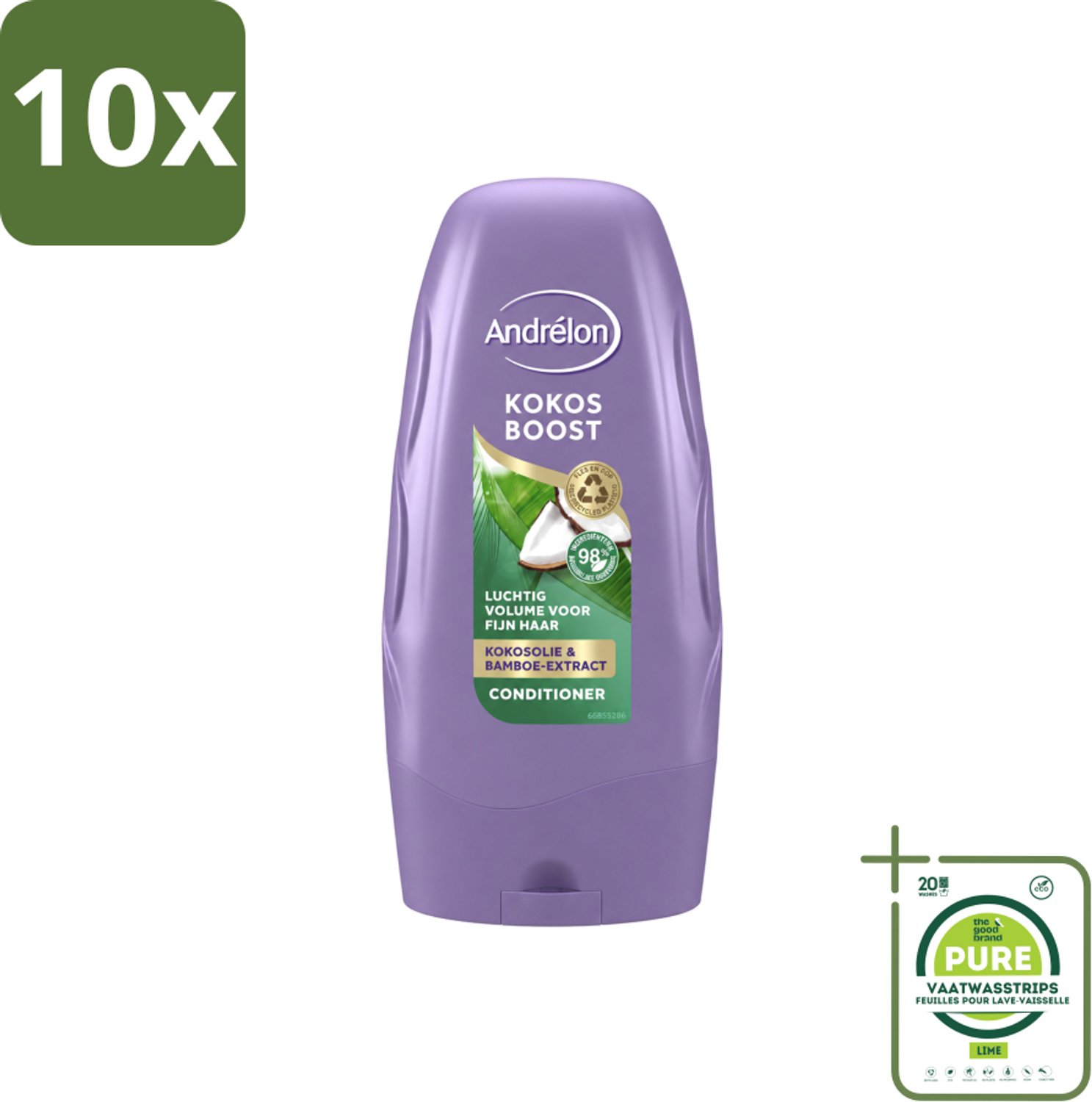 10 x Andrélon - Kokos Boost - Conditioner - Intensieve Voeding - 250 ml - Grootverpakking - Vaatwasstrips - Conditioner Voor Fijn Haar - Kokosolie Conditioner - Volume Voor Haar - Voeding Voor Haar - Bamboe-extract Conditioner