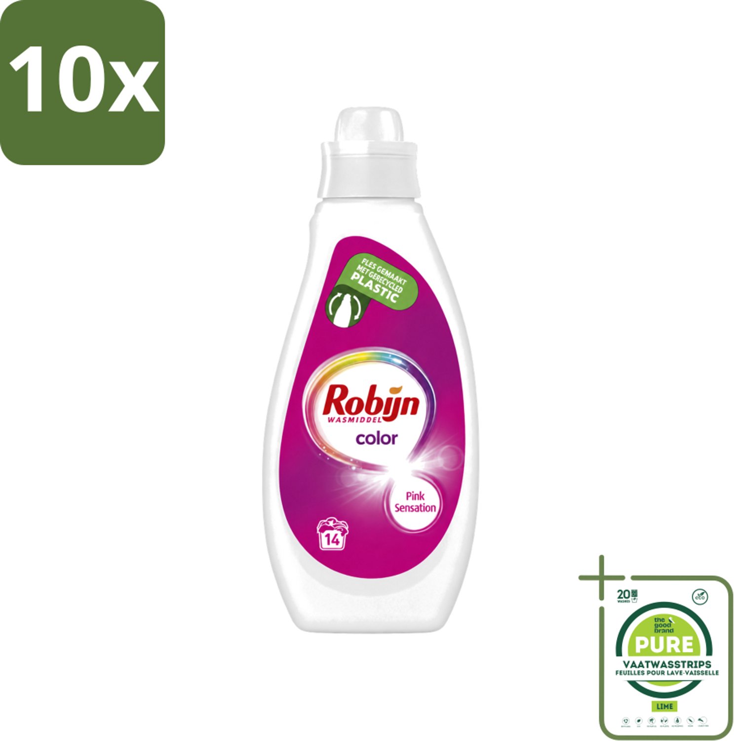 10 x Robijn - Color - Vloeibaar Wasmiddel - Pink Sensation - 14 Wasbeurten - 700 ml - Grootverpakking - Vaatwasstrips - Kleurbehoud - Wasmiddel - Vloeibaar Wasmiddel - Geur - Wasbeurt