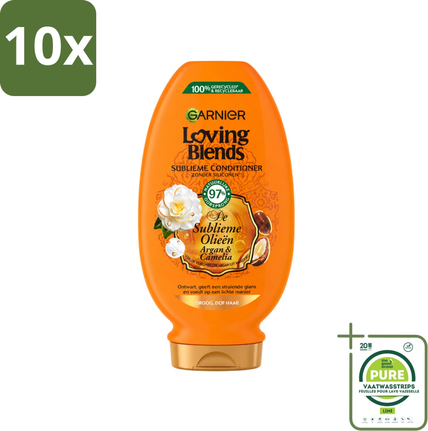 10 x Garnier - Loving Blends - Conditioner - Argan & Cameliaolie - Droog & Dof Haar - 250 ml - Grootverpakking - Vaatwasstrips - Droog Haar - Dof Haar - Voeding Haar - Glans Haar - Arganolie