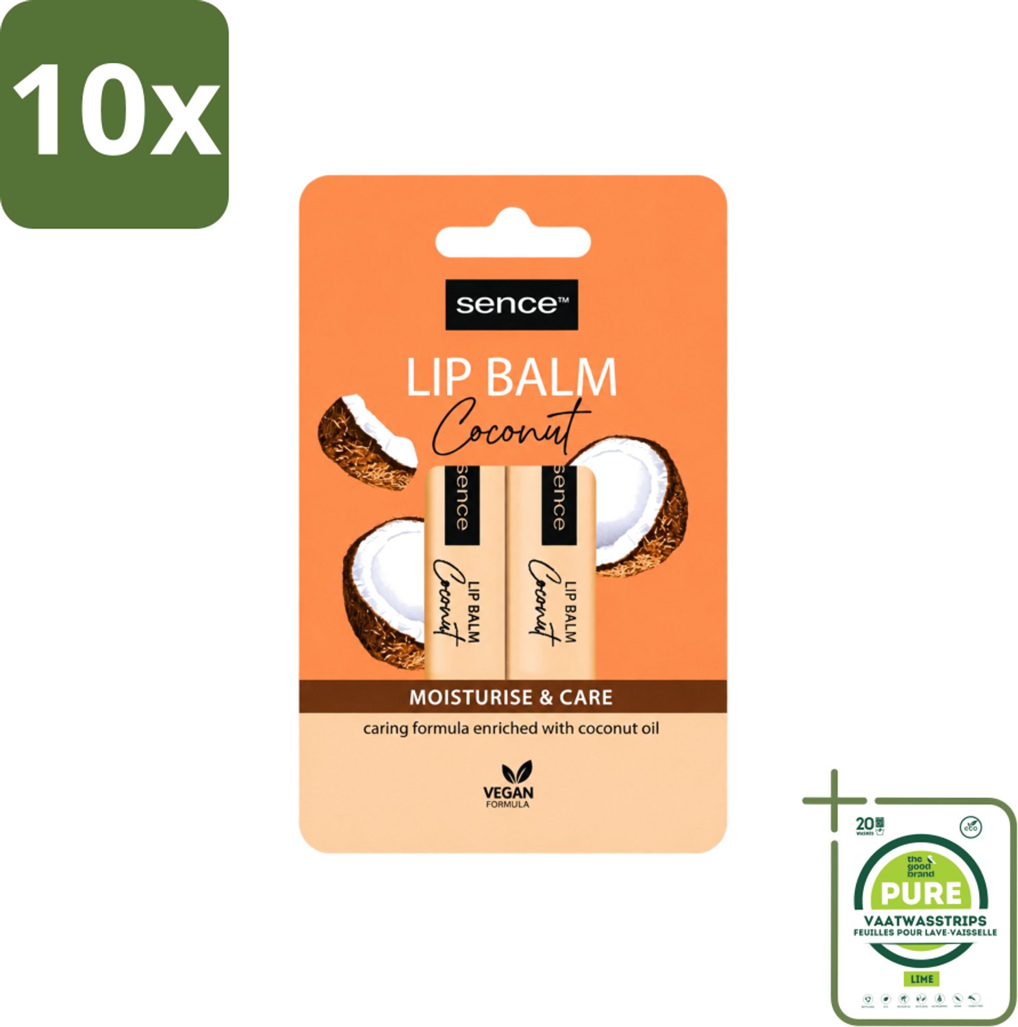 10 x Sence - Moisturise & Care - Lippenbalsem Duo - Verzorgend - 2 x 4,3 g - Grootverpakking - Vaatwasstrips - Lippenbalsem - Kokos - Lippenverzorging - Hydraat - Bescherming