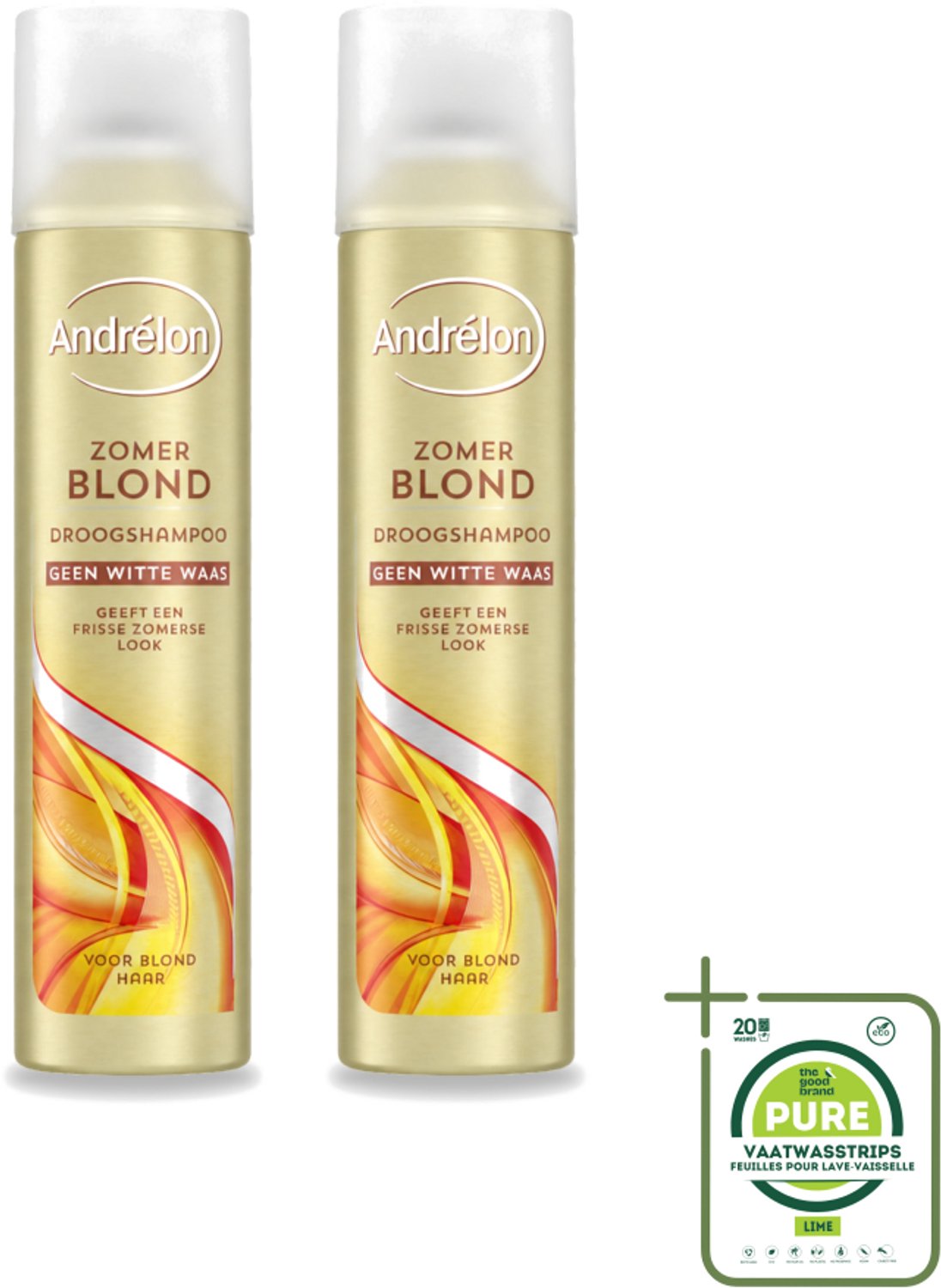 2 x Andrélon - Zomerblond - Droogshampoo - Voor Blond Haar - 245 ml - Grootverpakking - Vaatwasstrips - Zomerblond - Droogshampoo - Blond Haar - Vet Absorberen - Fris Haar