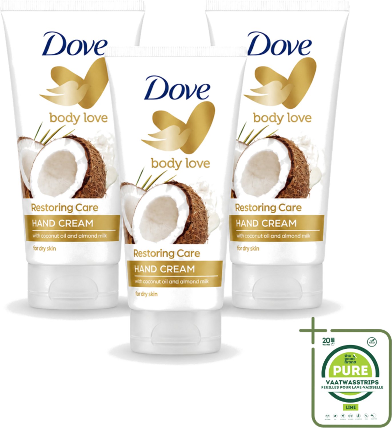 3 x Dove - Handcrème - Body Love Restoring Care - Kokos & Almond - Hydraterend - Droge huid - 75 g - Grootverpakking - Vaatwasstrips - Handcrème - Droge Huid - Hydraterende Crème - Kokos En Amandel - Huidverzorging