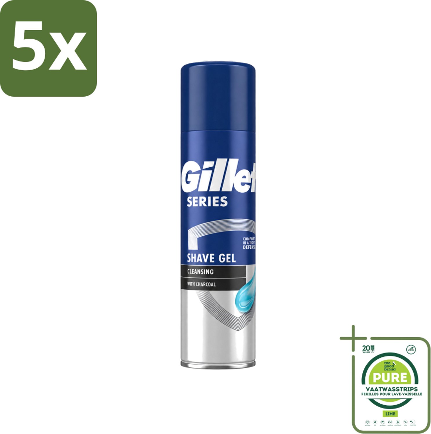 5 x Gillette Series - Scheergel - Cleansing - Charcoal - Verfrissend en reinigend - 200 ml - Grootverpakking - Vaatwasstrips - Scheergel - Houtskool - Menthol - Reinigen - Schuim